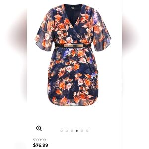 City Chic Colored Wrap Print Dress With Belt - Navy XS (14W)